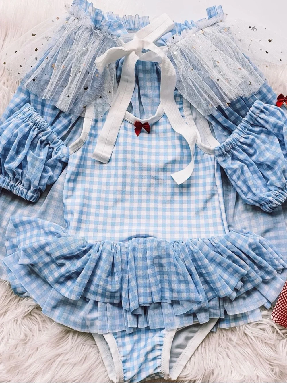 Blue Gingham Ruffled Kids Costume Swimsuit with Tulle Accent